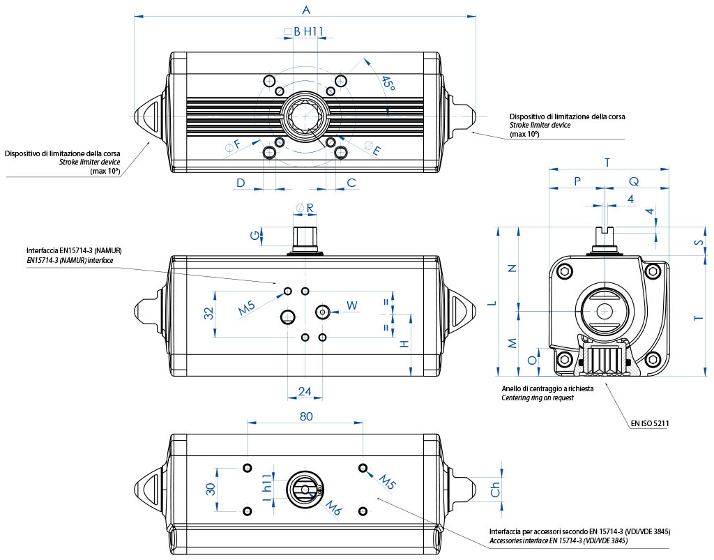 AGO - Doppio effetto DA in alluminio - dimensioni - Attuatore doppio effetto misure dal DAN15 (Nm) al DAN1920 (Nm)